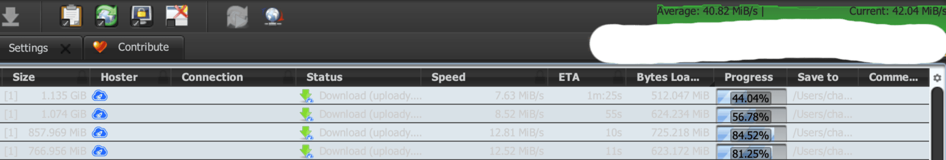 Figure 3: Four active Uploady downloads in JD2. The average and current figures are combined speeds.
